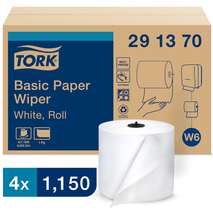 Tork® Paper Wiper Roll Towel, 1-Ply, White, 1150'/Roll, 4 Rolls/Case-B2B Discounters