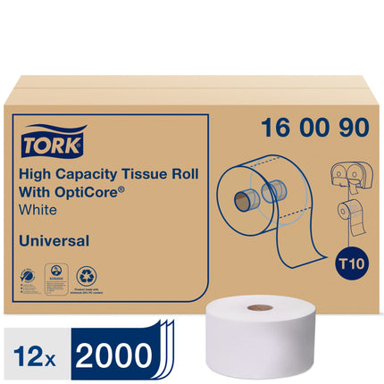 Tork® Universal High-Capacity Bath Tissue Roll With OptiCore®, 2 Ply, 100% Recycled Fibres, 583.33'/Roll, 12 Rolls/Case-B2B Discounters