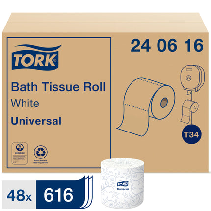 Tork® Universal Bath Tissue Roll, 2-Ply, 100% Recycled Fibre, 616 Sheets/Roll, 48 Rolls/Case-B2B Discounters