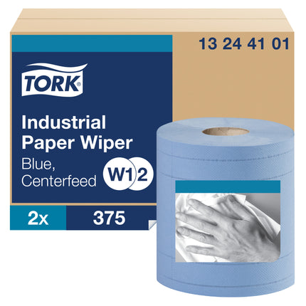 Tork® Advanced Industrial Paper Wiper, Centrefeed, 4-Ply, Blue, 375 Wipers/Roll, 2 Rolls/Case-B2B Discounters