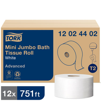 Tork® Advanced Mini Jumbo Bath Tissue Roll, 2 Ply, White, 751', 12/Case-B2B Discounters