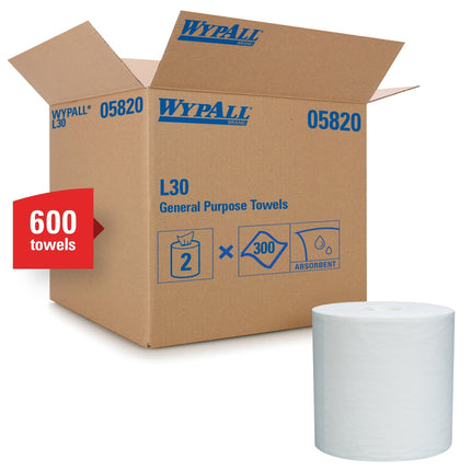 WypAll® GeneralClean® L30 Heavy Duty Cleaning Towels (05820), Center-Pull Roll, White, 300 Sheets/Roll, 2 Rolls/Case, 600 Sheets/Case-B2B Discounters