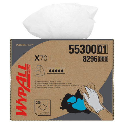 WypAll® PowerClean® X70 Medium Duty Cloths (55300), Brag Box, Long Lasting Towels, White, 200 Sheets/Box-B2B Discounters