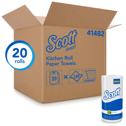 Scott® Perforated Kitchen Roll Towels, White, 1 Ply, 128 Sheets/Roll, 20 Rolls/Case-B2B Discounters