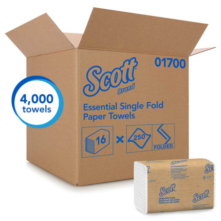 Scott® Essential Folded Towel, 1-Ply, White, 16 Packs/Case, 250 Towels/Pack-B2B Discounters