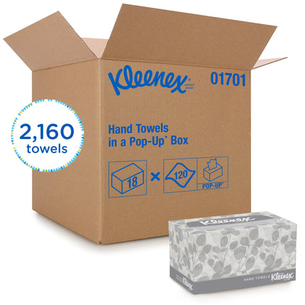 Kleenex® Hand Towels (01701), With Premium Absorbency Pockets, Pop-Up Box, White, 18 Boxes/Case, 120 Sheets/Box, 2,160 Sheets/Case-B2B Discounters