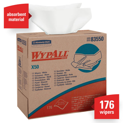 Wypall® 83550 X50 Pop-Up Box, 8.34" X 12.5", White, 176 Wiper/Box, 10 Boxes/Case-B2B Discounters
