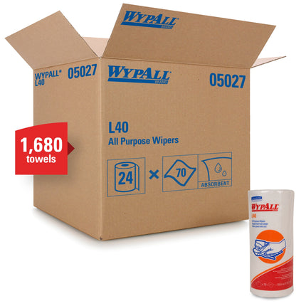 WypAll® PowerClean® L40 Extra Absorbent Towels (05027), Small Roll, White, 70 Sheets/Roll, 24 Rolls/Case, 1,680 Sheets/Case-B2B Discounters