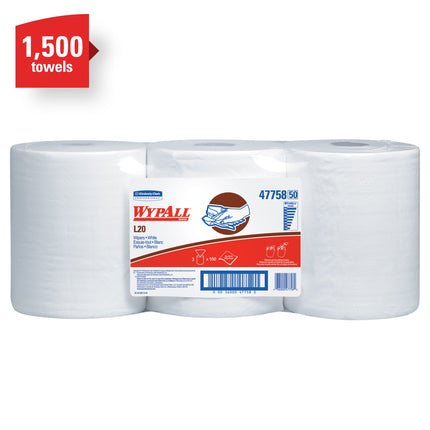 WypAll® L20 Towel Center-Pull Roll, 2-Ply, White, 550 Sheets/Roll, 3 Rolls/Case-B2B Discounters