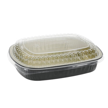 Pactiv® Aluminum Classic Carry-Out Container with PET Dome Lid, 46oz, Black/Gold/Clear, 50/Case-B2B Discounters