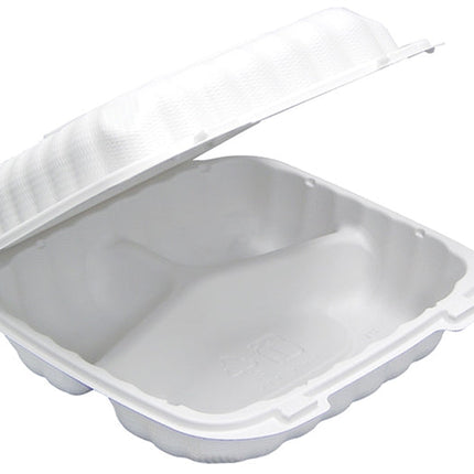 EarthChoice® 3- Compartment Hinged-Lid Container, MFPP, 8" X 8", White, 200/Case-B2B Discounters