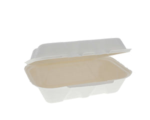 EarthChoice® Compostable Fiber Blend Hinged Lid Container, PFSA-Free 9" X 6" X 3", White, 150/Case-B2B Discounters