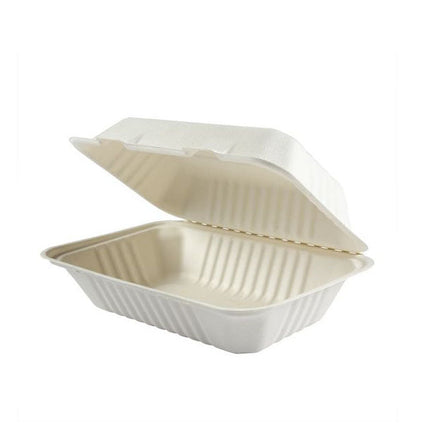 Hy Pax Clamshell Bagasse, 9" X 6" X 3", White, 50/Pack, 4 Packs/Case-B2B Discounters
