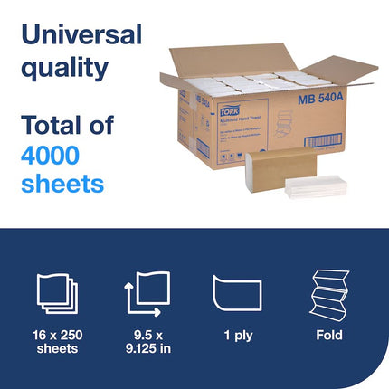 Tork Universal Multifold Hand Towel - 3-Panel, White, 250 Sheets/Pack, 16 Packs/Case