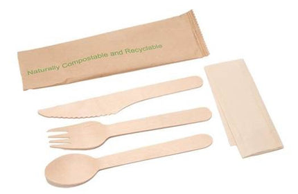 Eco-Packaging® Wooden Cutlery Set Fork/Knife/Spoon/Napkin, 6", 250/Case-B2B Discounters