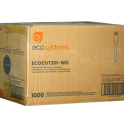 EcoSystems® Wooden Fork, Brown, Individually Wrapped, 100/Bag, 10 Bags/Case-B2B Discounters