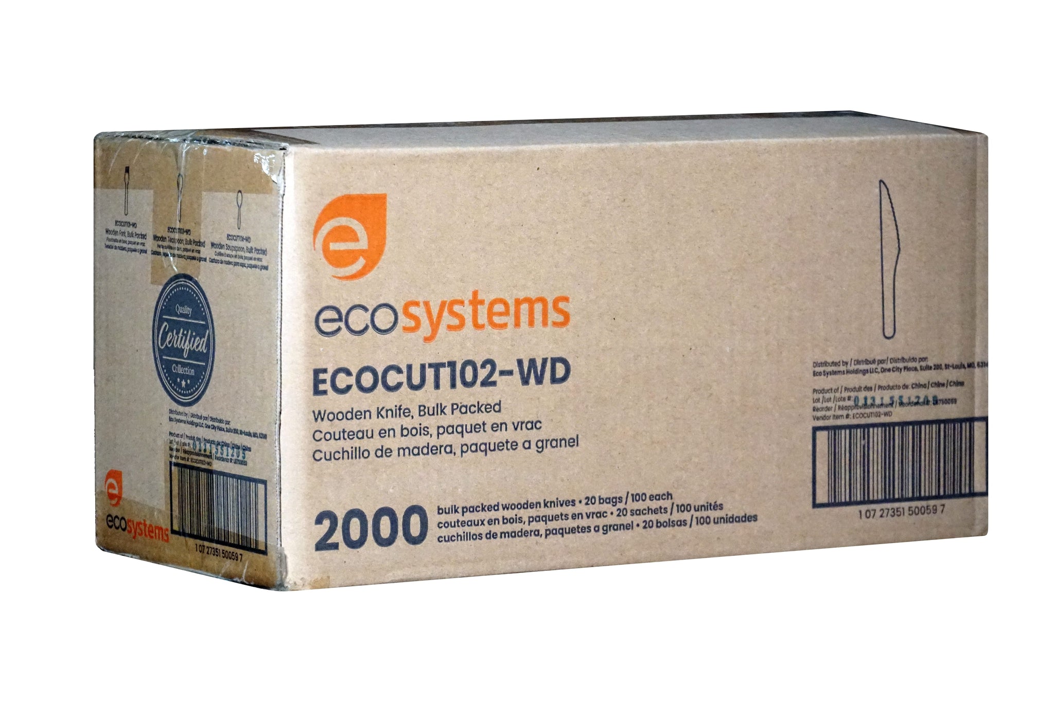 EcoSystems® Wooden Knives, Brown, Bulk Packed, 100/Bag, 20 Bags/Case-B2B Discounters