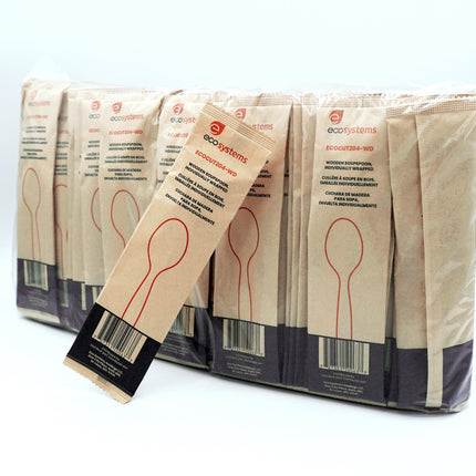 EcoSystems® Wooden Soupspoon, Brown, Individually Wrapped, 100/Bag, 10 Bags/Case-B2B Discounters