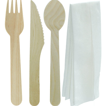 EcoSystems® Wrapped Wooden Cutlery Kit, Fork, Knife, Teaspoon and Napkin, Brown, 500/Case-B2B Discounters