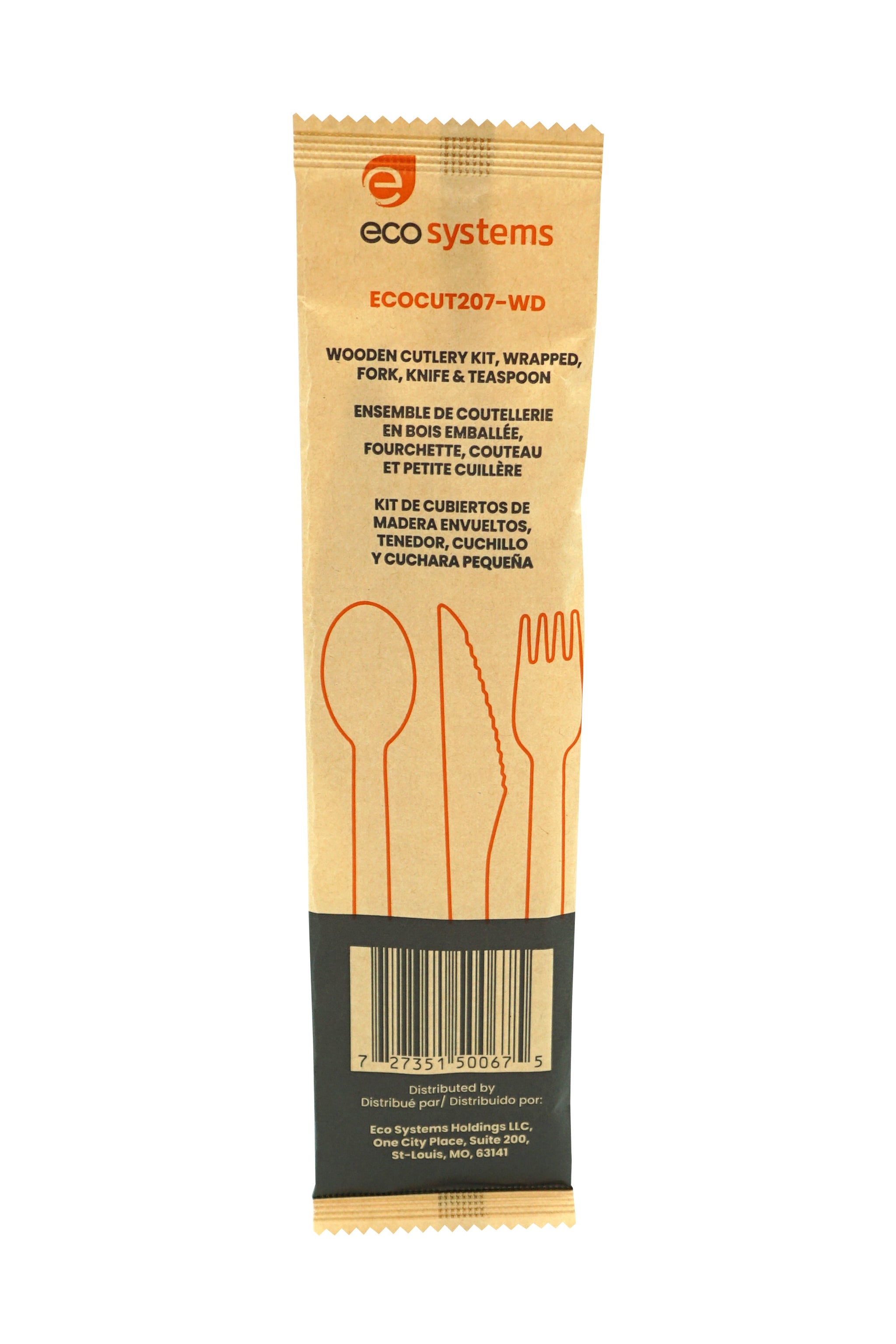 EcoSystems® Wrapped Wooden Cutlery Kit, Fork, Knife, Teaspoon, Brown, 500/Case-B2B Discounters