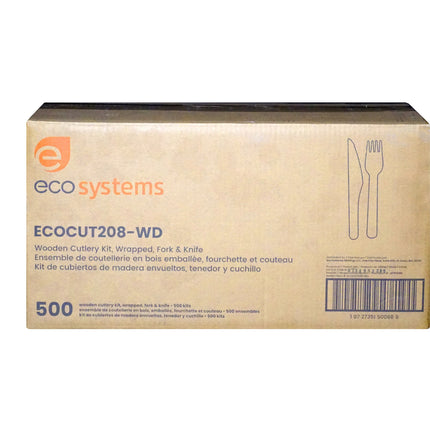EcoSystems® Wrapped Wooden Cutlery Kit, Fork and Knife, Brown, 500/Case-B2B Discounters