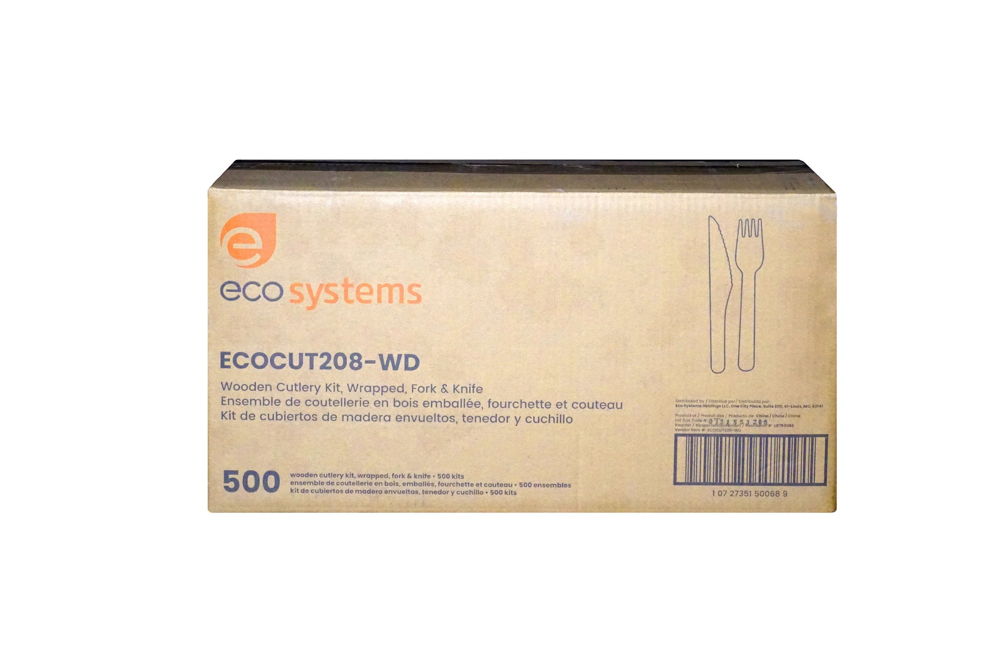 EcoSystems® Wrapped Wooden Cutlery Kit, Fork and Knife, Brown, 500/Case-B2B Discounters