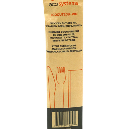 EcoSystems® Wrapped Wooden Cutlery Kit, Fork, Knife, Napkin, Brown, 500/Case-B2B Discounters