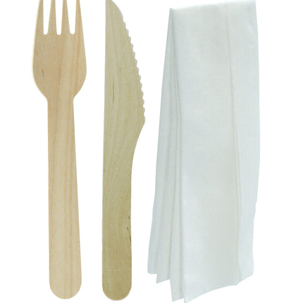EcoSystems Wrapped Wooden Cutlery Kit - Fork, Knife, Napkin, Brown, 500/Case