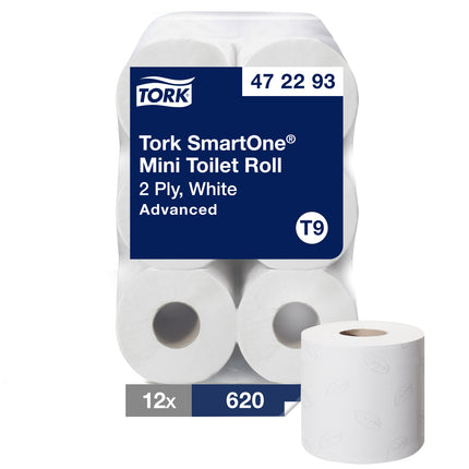 Tork SmartOne Mini Toilet Paper Roll - White, 2 Ply, 620 Sheets/Roll, 12 Rolls/Case