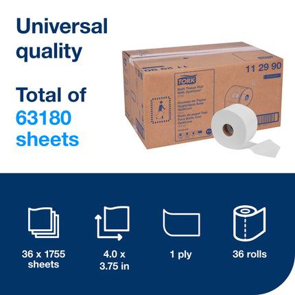 Tork Universal Bath Tissue Roll with OptiCore - White, 1 Ply, 585'/Roll, 36 Rolls/Case