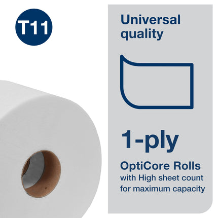 Tork Universal Bath Tissue Roll with OptiCore - White, 1 Ply, 585'/Roll, 36 Rolls/Case