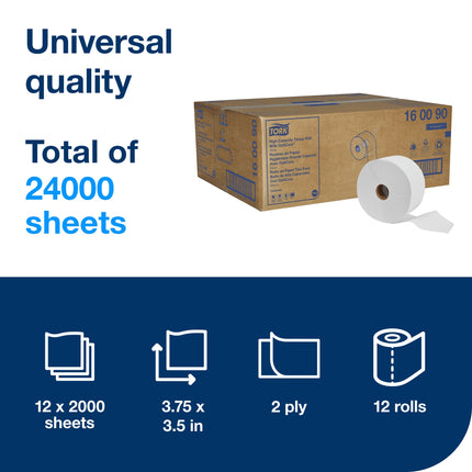 Tork Universal High-Capacity Bath Tissue - White, 2 Ply, 583', 2000 Sheets/Roll, 12 Rolls/Case
