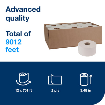 Tork Advanced Mini Jumbo Soft Bath Tissue Roll - White, 2 Ply, 750', 1075 Sheets/Roll, 12 Rolls/Case