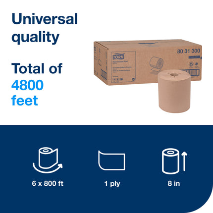 Tork Universal Hand Towel Roll - Brown, 1 Ply, 800'/Roll, 6/Case