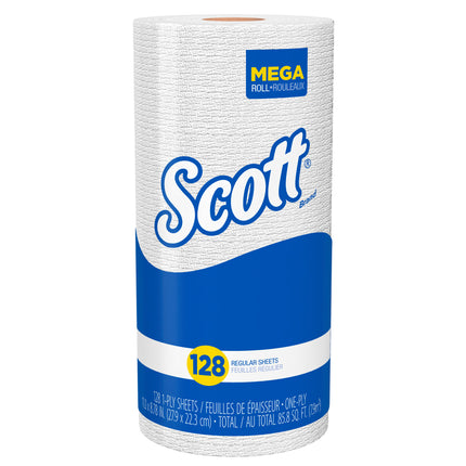 Essuie-tout perforés Scott - Blanc, 1 épaisseur, 128 feuilles/rouleau, 20 rouleaux/caisse