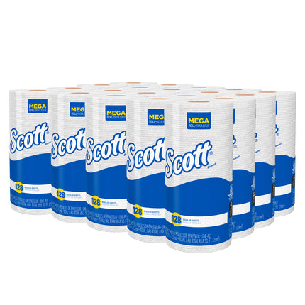 Essuie-tout perforés Scott - Blanc, 1 épaisseur, 128 feuilles/rouleau, 20 rouleaux/caisse