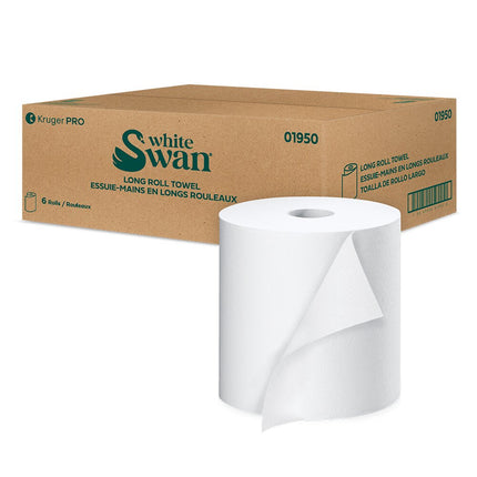 Kruger White Swan Long Roll Towel - 1 Ply, White, 800', 6 Rolls/Case