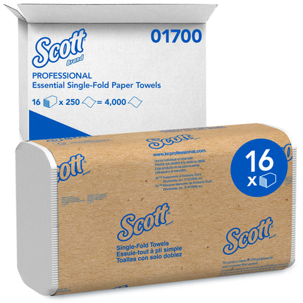 Scott Essential Single-Fold Paper Towels (01700) - White, 250 Sheets/Pack, 16 Packs/Case