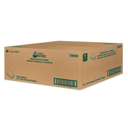 Kruger White Swan Singlefold Towel - 1 Ply, White, 250 Towels/Pack, 16 Packs/Case