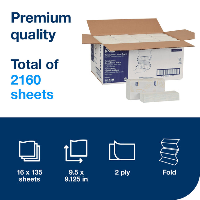 Tork Premium Soft Xpress 3-Panel Multifold Hand Towels - 2Ply, 9", 135 Sheets/Pack, 16 Packs/Case