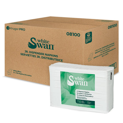 Kruger White Swan 1 Ply Junior Dispenser Napkins - Tall Fold, White, 12/Case