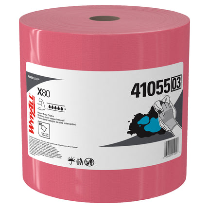 WypAll PowerClean X80 Heavy Duty Cloths - Jumbo Roll, Red, 475 Sheets/Roll, 1 Roll/Case