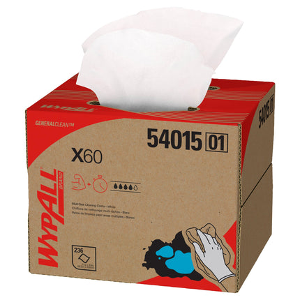 Lingettes de nettoyage multi-usages WypAll GeneralClean X60 (54015) - Boîte de présentation, serviettes solides et absorbantes, blanches, 236 feuilles/boîte