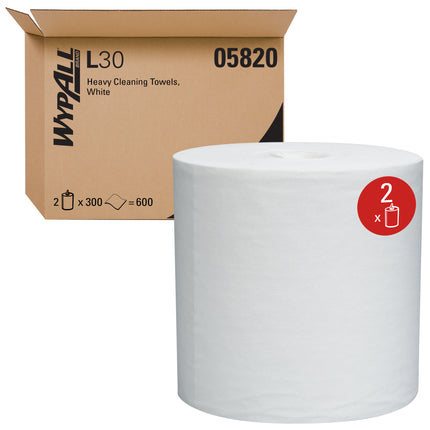 WypAll GeneralClean L30 Heavy Duty Cleaning Towels (05820) - Center-Pull Roll, White, 300 Sheets/Roll, 2 Rolls/Case