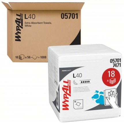 WypAll PowerClean L40 Extra Absorbent Towels - Quarterfold, White, 56 Sheets/Pack, 18 Packs/Case
