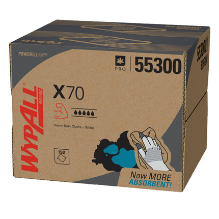 WypAll PowerClean X70 Medium Duty Cloths (55300) - Brag Box, Long Lasting Towels, White, 200 Sheets/Box
