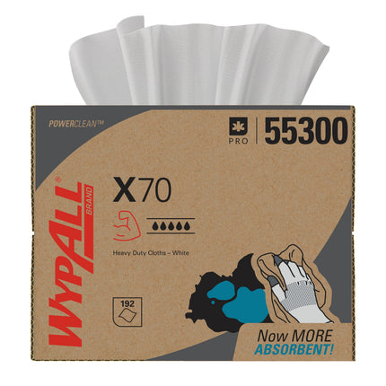 WypAll PowerClean X70 Medium Duty Cloths (55300) - Brag Box, Long Lasting Towels, White, 200 Sheets/Box