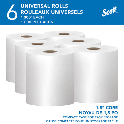 Essuie-mains Scott Essential universels en rouleau grande capacité (01005) - Avec alvéoles absorbantes, mandrin de 3,8 cm, blanc, 305 m/rouleau, 6 rouleaux/caisse