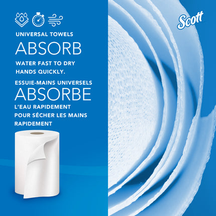 Essuie-mains Scott Essential universels en rouleau grande capacité (01005) - Avec alvéoles absorbantes, mandrin de 3,8 cm, blanc, 305 m/rouleau, 6 rouleaux/caisse