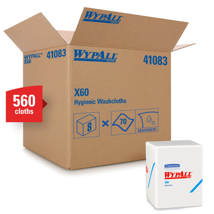 WypAll X60 Reusable Washcloth Rags - White, 12.5"x10", 70 Sheets/Pack, 8 Packs/Case